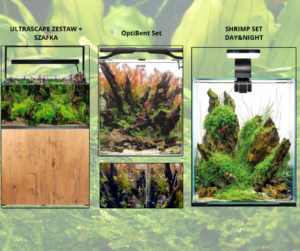 Porównanie zestawów akwariowych AQUAEL: od lewej UltraScape 60 z&nbsp;szafką, pośrodku OptiBent Set, po prawej Shrimp Set Day&Night