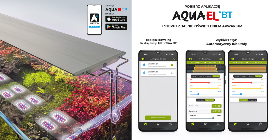 Aplikacja AQUAEL BT na smartfonie w otoczeniu akwarium holenderskiego